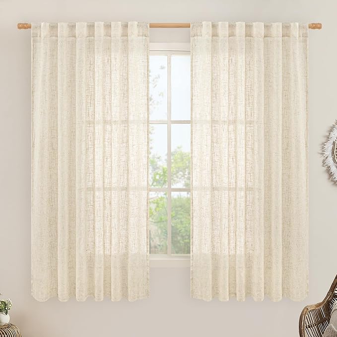 LAMIT Beige Semi Sheer Linen Curtains 60 Inch, Light Filtering Neutral Window Panels Farmhouse Boho Back Tab and Rod Pocket Drapes for Bedroom, 2 Panels, 52 x 60 Inch
