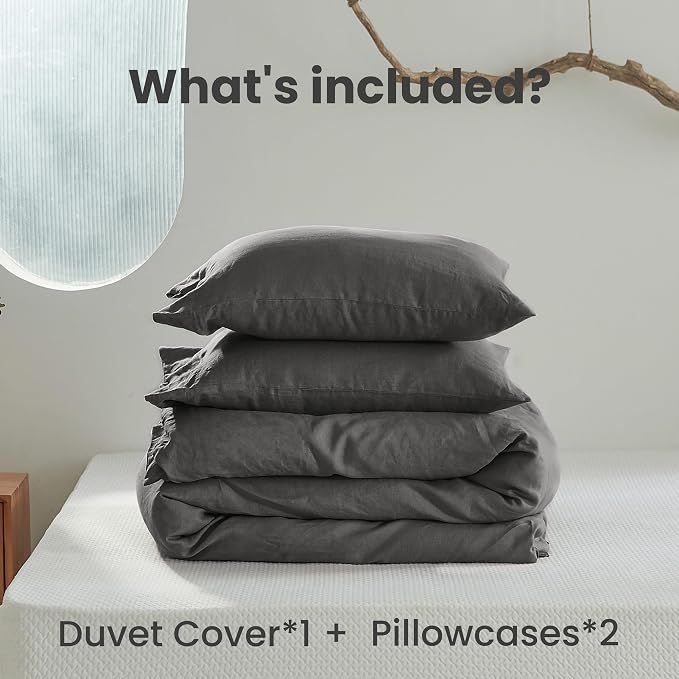 Simple&Opulence 100% Linen Duvet Cover Set 3pcs with Coconut Button Closure Natural French Washed Flax Solid Color Soft Breathable Farmhouse Bedding - Dark Grey, Full Size