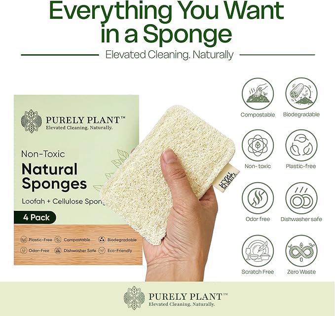 Purely Plant Loofah Dish Sponge 4 Pack– Loofah & Cellulose Premium Kitchen Scrubber, Non Toxic, 100% Plastic Free,Compostable & Biodegradable,Durable, Non-Scratch Scouring Luffa for Dishes, Sink&Tile