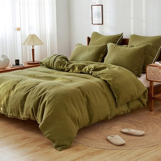100% French Linen Pillow Shams Basic Style - Pack of 2 - Washed Solid Color Natural Flax Soft Breathable - Olive, 20'' x 36''