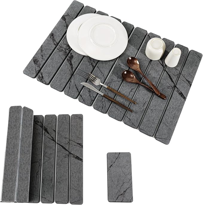 2pcs Stone Dish Drying Mat for Kitchen Counter, Quick-Dry Diatomaceous Earth Water Absorbent Pad & Countertop Drainer, Home Essentials for Bath and Pets - Marble Dark Grey, 24x16’’ & 8x4’’