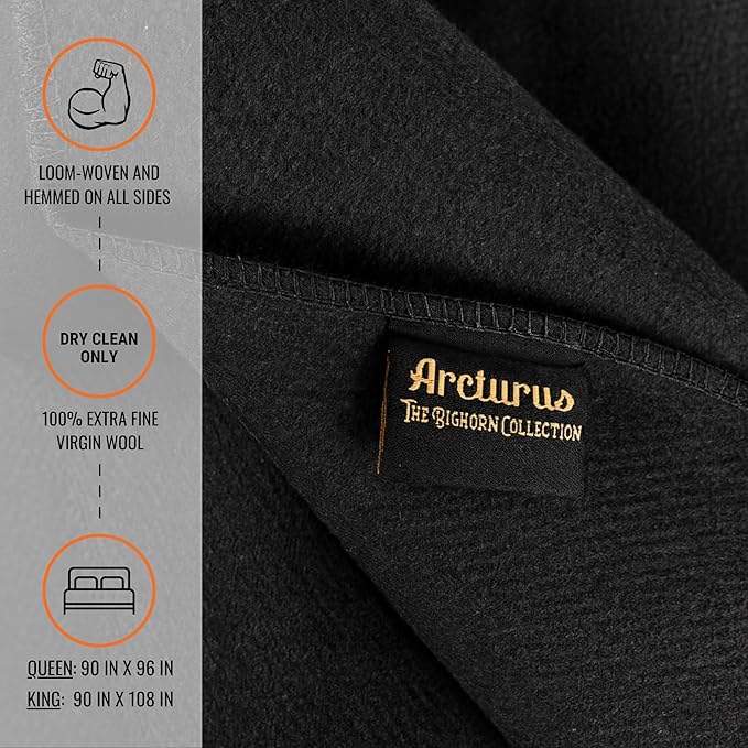 Arcturus Bighorn 100% Virgin Wool Blanket | Heirloom-Quality Wool Bedding for Home & Cabin | Warm, Thick & Durable (Queen Size, Raven Black)