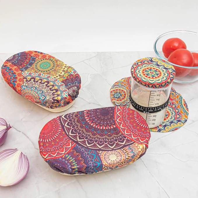 3Pack 10IN Oval Beeswax Bowl Covers with a 4IN Sourdough Jar lid,Reusable Bread Proofing Covers,100% Organic Cotton & Natural Beeswax,Elastic Cover for Sourdough for Dough Proofing & Food Storage