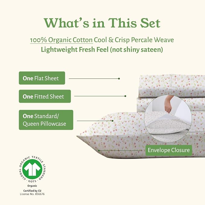 California Design Den Twin XL Floral Bed Sheet, 100% Organic Cotton Percale Sheets, Deep Pocket Twin XL Sheets & Pillowcase Set - Floral