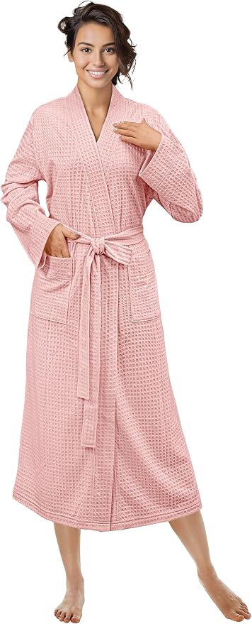 PAVILIA Womens Waffle Knit Robe Lightweight Cotton Blend Full Length House Bathrobe with Pockets