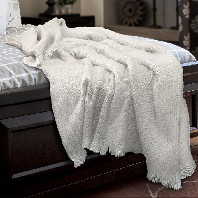 Biddy Murphy Ultra Soft Irish Mohair & Wool Throw Blanket, Made in Ireland, 54"x72", White