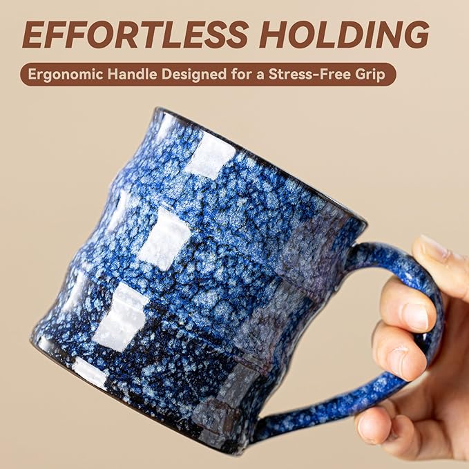 Unique Reactive Glaze Ceramic Coffee Mug - 15 oz Large Coffee Cup with Ergonomic Handle, Sakura Blue Ceramic Mug for Office & Home, Great Birthday Gift for Women, Men & Self-Care, Microwave Safe