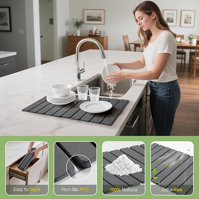 HABUTWAY Large Stone Dish Drying Mat for Kitchen Counter – 24"×16" Collapsible Diatomaceous Earth Mat, Ultra Absorbent & Quick Dry, Foldable Drying Pad for Dishes, Bottles, Cups (Dark Grey)
