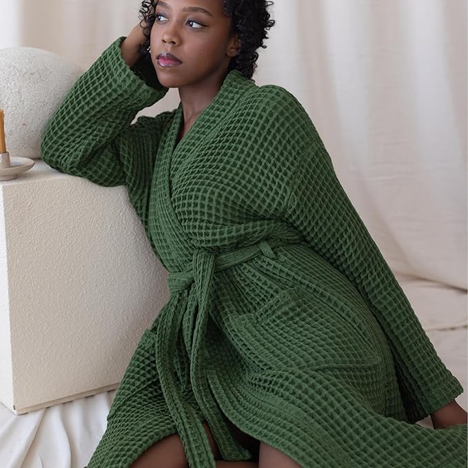 Womens Kimono Waffle Robe - Lightweight 100% Turkish Cotton Housecoat for All-Day Lounging - Bathrobe for Shower