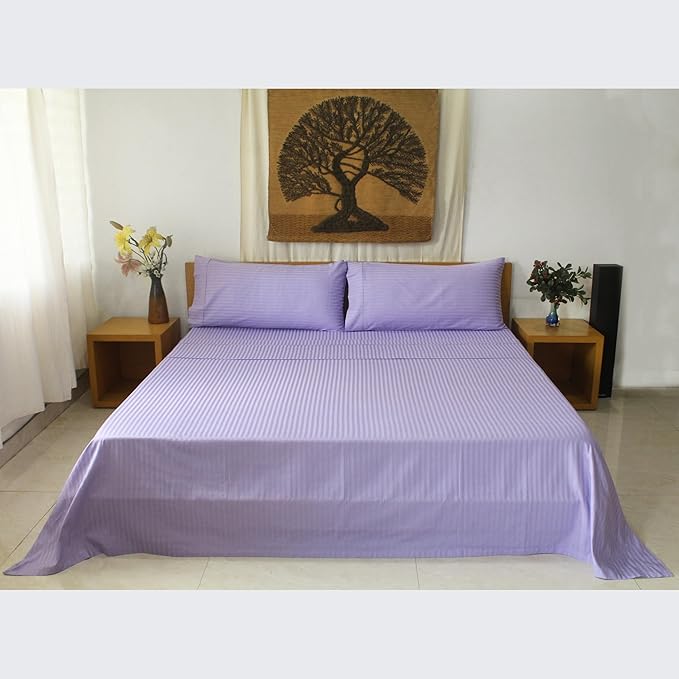 Organic Cotton Soft Sateen Stripe Bed Sheet Set - Luxury Hotel Quality - GOTS Certified - Deep Pocket - Easy Care - King (Lavander)