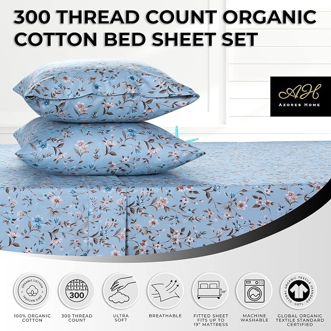AZORES HOME Twin Organic Cotton Sateen Sheet Set - Deep Pocket, 300 Thread Count, 3-Piece Luxury Bedding, Carolina Blue