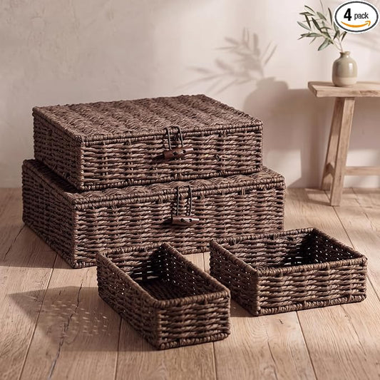 Newtay Set of 4 Woven Wicker Storage Baskets with Lids, Decorative Storage Boxes Lidded Rattan Organizer Bin Home Decor for Shelf, Coffee Table, Closet, Bathroom, Living Room