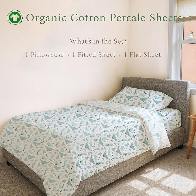 Threadmill Organic Cotton Twin Sheets | 100% Cotton Sheets for Twin Size Bed | Printed Percale with 15” Deep Pocket | Soft Breathable 3-Piece Cooling Sheet Set | Migosprint Blue