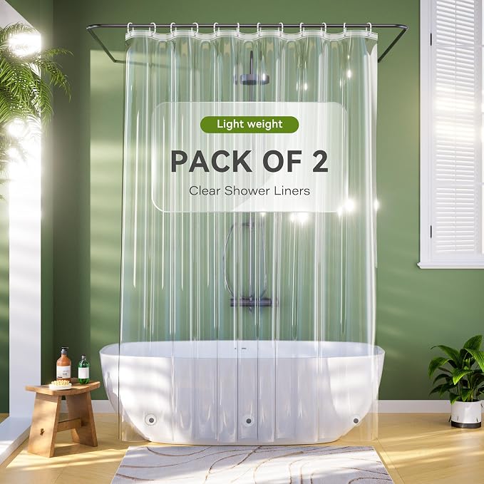 Lightweight Shower Curtain Liner Pack of 2, 72 x 84 inches Clear Waterproof Shower Curtain Liner with 3 Extra Strong Magnets & 12 Metal Grommets, Extra Long Plastic Shower Curtain Liner