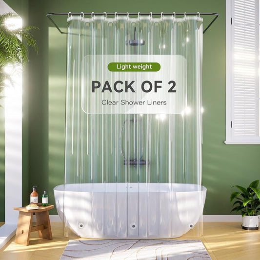 Lightweight Shower Curtain Liner Pack of 2, 72 x 84 inches Clear Waterproof Shower Curtain Liner with 3 Extra Strong Magnets & 12 Metal Grommets, Extra Long Plastic Shower Curtain Liner