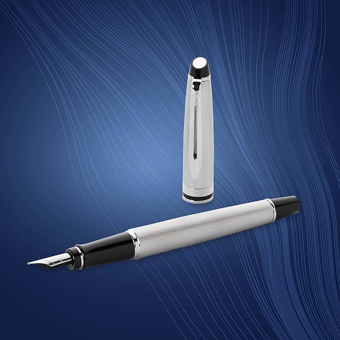 Waterman Expert Fountain Pen, Stainless Steel with Chrome Trim, Medium Nib with Blue Ink Cartridge, Gift Box