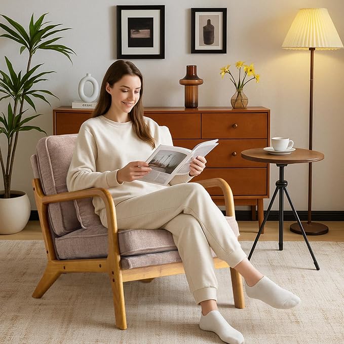 Karl home Mid-Century Modern Accent Reading Chair, Khaki | Chenille Upholstered, Solid Wood Frame, Soft Cushion, Lumbar Pillow, Lounge Armchair for Living Room, Bedroom, Balcony, Study