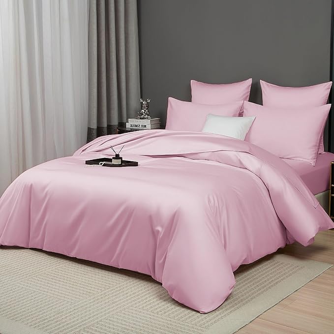 Blush Pink Cotton Duvet Cover Set Twin 100% Long-Staple Cotton Sateen Bedding Set, Soft Breathable Smooth Organic Pure Cotton Plain Comforter Cover, Luxury Minimalist Bedroom Decor for All Season