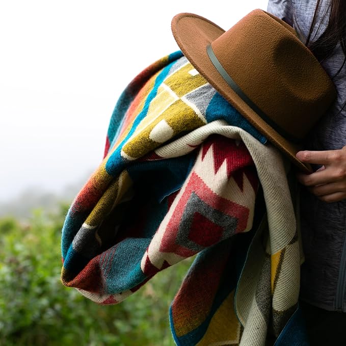 Native Pattern, Alpaca Wool Blanket Queen Size, Cozy Blanket Handmade in South America (Turquoise)