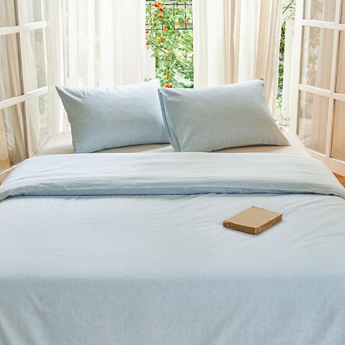 Simple&Opulence Linen Duvet Cover Set Queen Size - French Linen Cotton Woven Blend in Light Blue, 3 Pieces (1 Comforter Cover 88x92” + 2 Pillowcases), Soft & Breathable All-Season Farmhouse Bedding