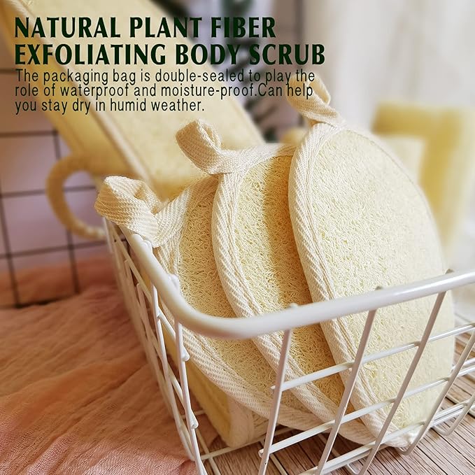 YIQINGJIE Natural Loofah Sponge Exfoliating Body Scrubber(4 Packs),Made with Eco-Friendly and Biodegradable Soft Shower Luffa Sponge, Loofah for Women and Men, Brown