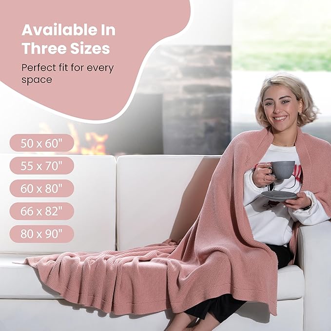 Dalisa 100% Organic Turkish Cotton Throw Blanket Harbor Mist– GOTS Certified, Cozy, with Reusable Cotton Gift Bag – Perfect for Couch, Bed, and Home Decor – Boho Vintage Knit Alina (Pink, 80x90)