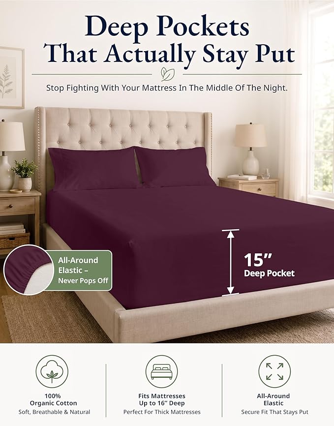 LANE LINEN 100% Organic Cotton Twin Fitted Sheet, 2-Piece Set (1 Fitted Sheet, 1 Pillowcase), Percale Weave, Lightweight, Soft, Breathable, Fits Mattress Upto 15' Deep - Windsor Wine (No Flat Sheet)