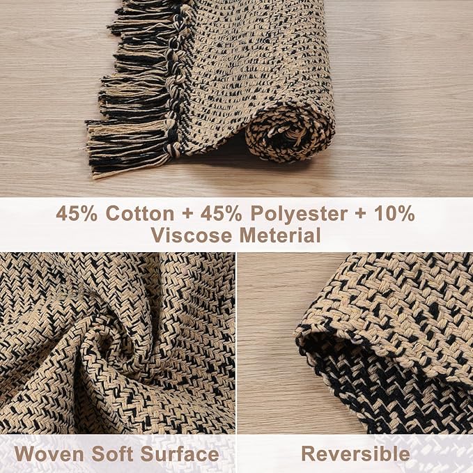 Collive Kitchen Runner Rug, 2x4.3 Hand-Woven Reversible Washable Bathroom Runner Rug for Entryway, Natural/Black Cotton Woven Boho Farmhouse Front Door Rug for Bedroom Entry Kitchen Floor Door Decor
