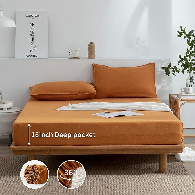 EVERLY Linen Sheets Set Full Size,100% French Stonewash Pure Linen Sheets Set,4Pieces (1Flat Sheet,1Fitted Sheet,2Pillowcase) Suitable for Hot Sleepers,16Inch Deep Pocket Natural Bedding Set-Caramel