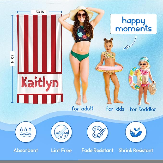 JML Personalized Beach Towel with Name, Custom Cabana Stripe Beach Towel, Customized Microfiber Pool Towel, Quick Dry & Absorbent Swim Towel for Adult,Anniversary, Birthday, Summer Holiday,Vacation