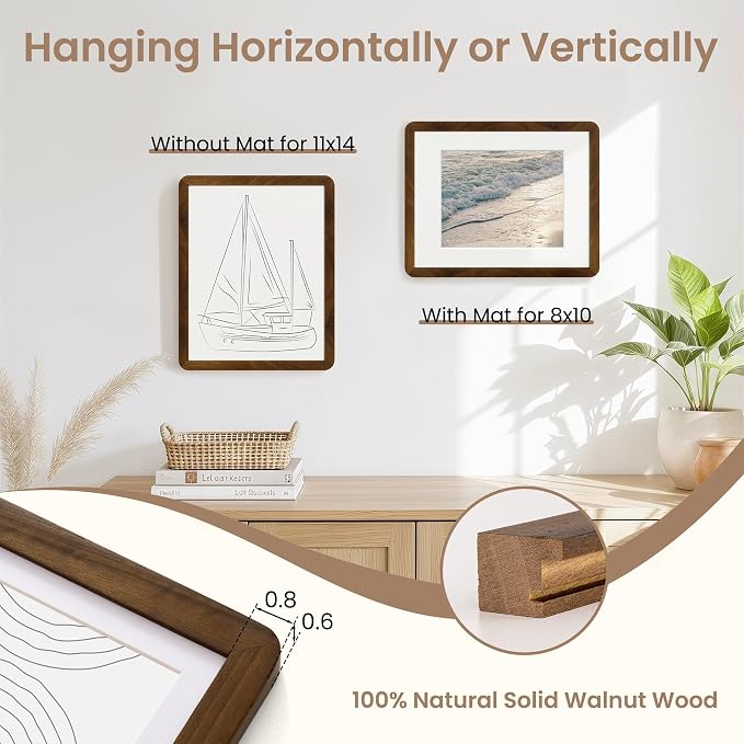 Fun Memories 11x14 Picture Frame - Solid Walnut Wood 11x14 Frame with Mat for 8x10 Photos, 11 By 14 Poster Wood Wall Frame, Horizontal or Vertical Wall Mounting, Natural Walnut