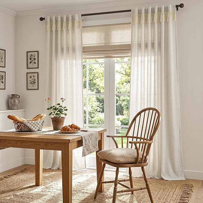 jinchan Linen Curtains for Living Room Bedroom Light Filtering Semi Sheer Curtains Boho Farmhouse French Country Cottage Core Decor Window Drapes Back Tab 96 Inch Length Tassel Beige