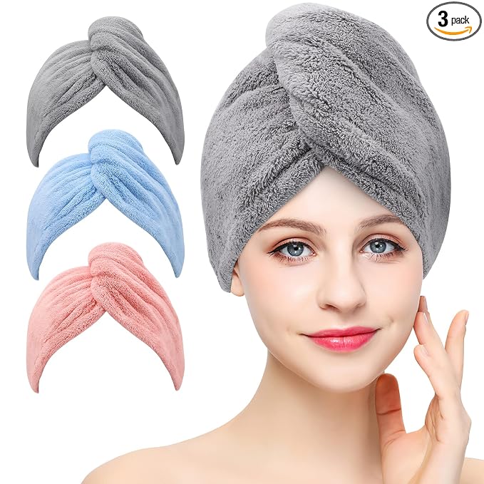 Microfiber Hair Towel, 3 Packs Hair Turbans for Women, Men,Kids, Quick Dry Hair Wrap Towels for Curly,Long, Curly Hair Anti Frizz (Gray+Pink+Blue)