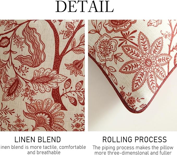 ISAENNE Design Linen Square Throw Pillow Covers 18"x18" Pack of 2, French Country Cushion Covers with Red Toile de Jouy Floral Pattern Decoration Pillowcases for Bed, Living Room, Outdoor, Car