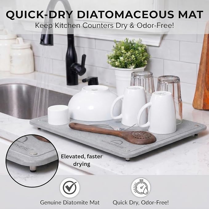LARGE MATMOSPHERE Stone Dish Drying Mat for Kitchen Counter – Fast Absorbing Diatomaceous Mat with Stainless Steel Legs, Quick Dry, Dish Rack Mat, USA Small Business, 18”x14”, Light Gray