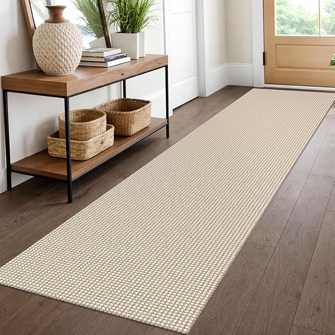 EARTHALL Woven Runner Rug 2x10 Ft Washable Runners for Hallways Long Cotton Non Slip Rubber Backed Kitchen Runner Braided Indoor Floor Carpet for Entryway, Hallway, Kitchen, Beige/Ivory