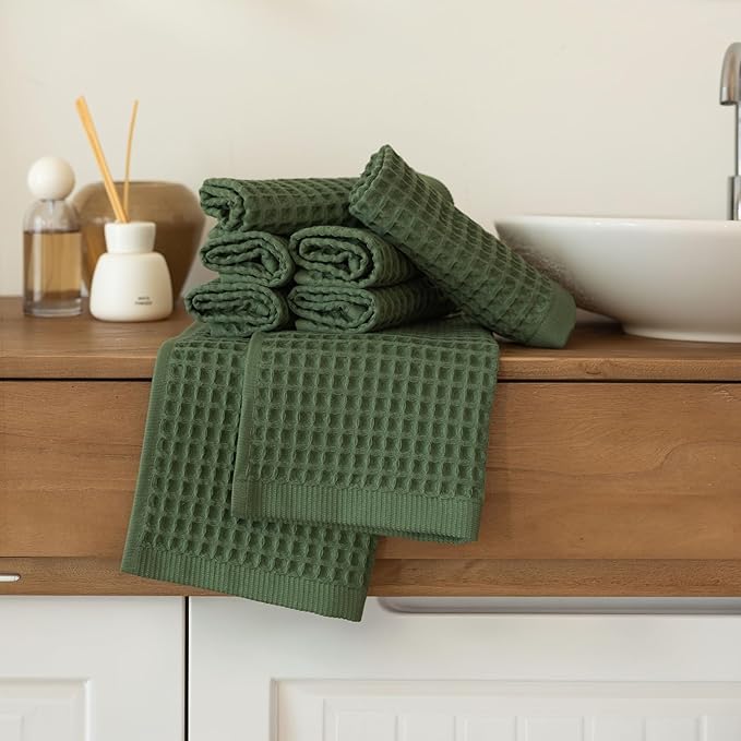 Waffle Washcloths Set of 8 Green - Premium Quality 100% Turkish Cotton Face Washcloth, Soft Makeup Towel, Shower Cloth, Kitchen Towel (Dark Green, Set of 8 Washcloths)