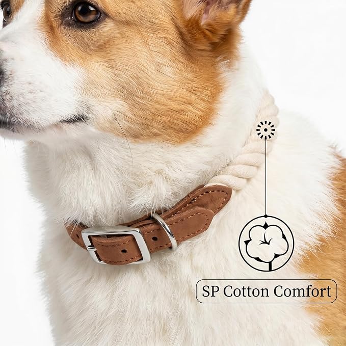 Mile High Life Genuine Leather Dog Collar, Durable Braided Cotton Rope Collar with Metal Pin Buckle for Small Medium Large Dogs (Beige, M Neck 15"-18")