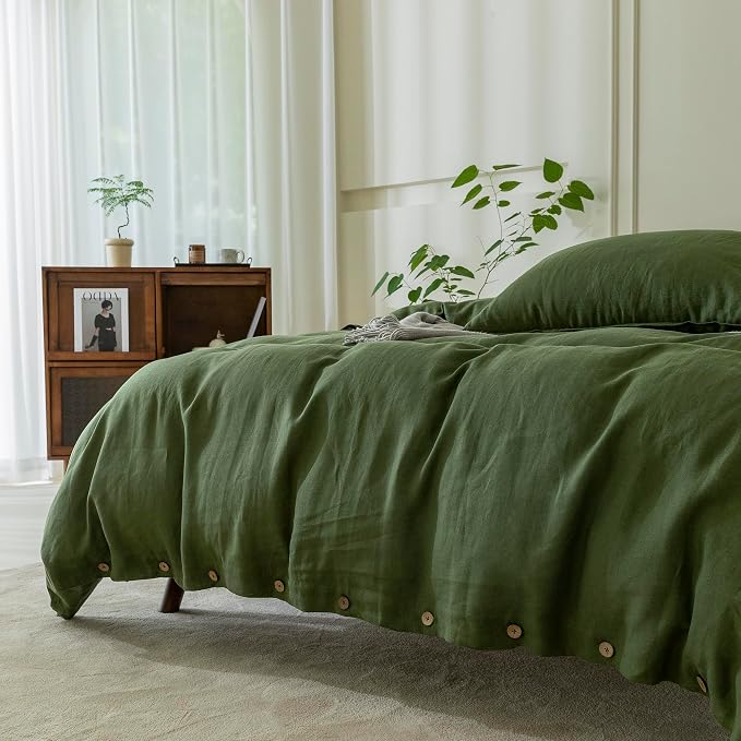 EVERLY 100% Pure Linen Duvet Cover Set California King Size 104X98Inch 3pcs (1 Duvet Cover,2 Pillowcases) Soft and Breathable with Coconut Button Closure,Suitable for Hot Sleepers-Mossy Green