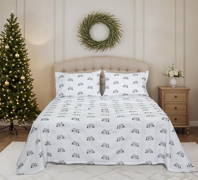 RUVANTI Flannel Sheets Queen Size - 100% Cotton Double Brushed Bed Sheets, Deep Pockets 16 Inches Queen Sheet Set, All Seasons Breathable & Extra Soft - Warm & Cozy, 4 Piece, Soul Dog White