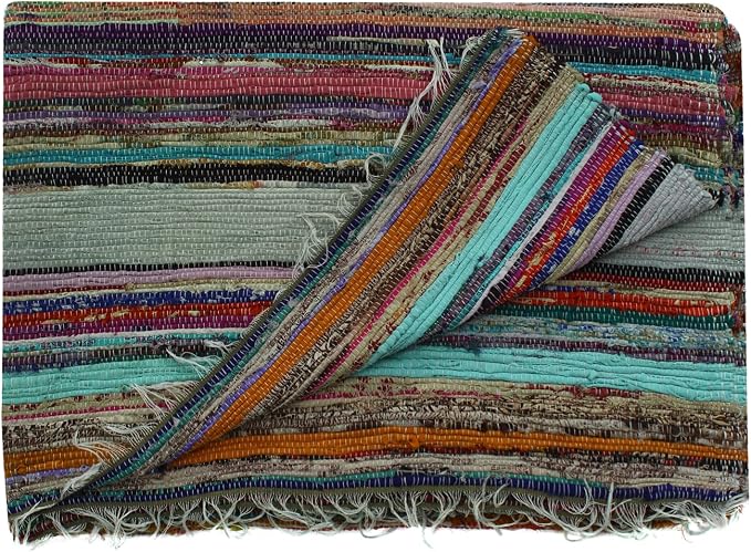 Fair Trade Handmade Rag Rug - Chindi Rug, Multi Colored Indian Mat, Recycled Decorative Boho Rug (5ftx3ft) (Green)