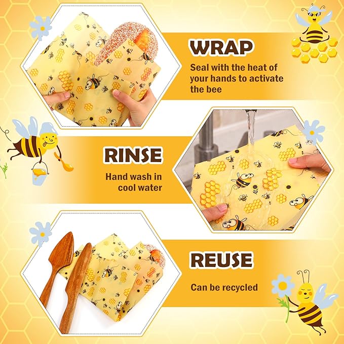 Fanfanwin 3 Rolls Beeswax Wraps for Food Reusable 13 x 39 Inch Cut to Size Beeswax Wraps for Food Organic Sustainable Biodegradable Zero Waste Plastic Free Foods Storage (Bees, New Beehive, Flower)
