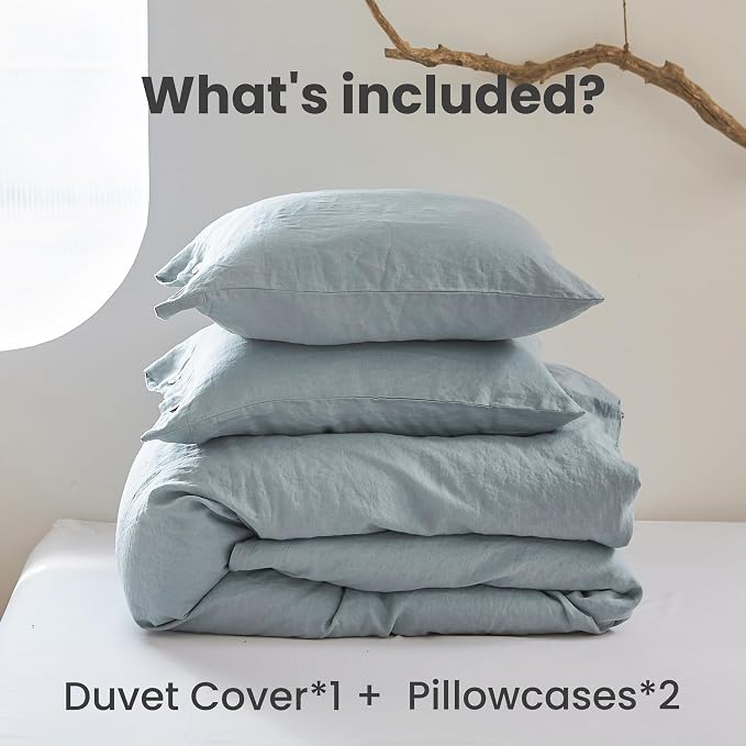 Simple&Opulence 100% Linen Duvet Cover Set 3pcs with Coconut Button Closure Natural French Washed Flax Solid Color Soft Breathable Farmhouse Bedding - Dusty Blue, King Size