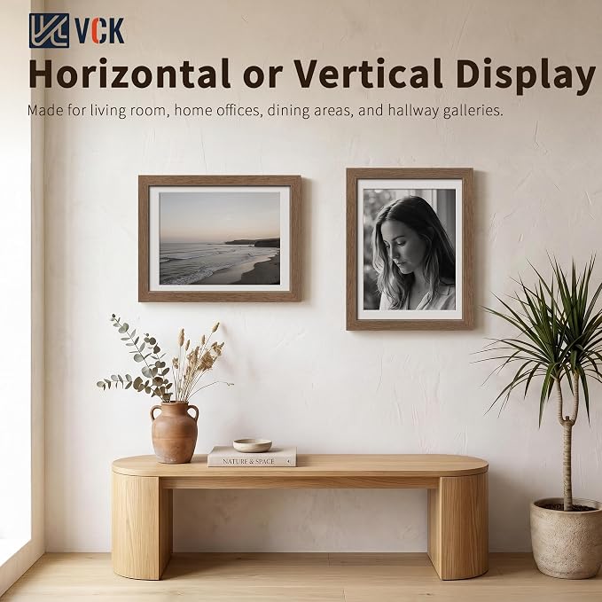 VCK 12x16 Picture Frames Walnut 3 Pack, Wide Border Wood, Tempered Glass, Display 11x14 Poster Photo with Mat or 12 x 16 Without, for Home, Office, Gallery, Woodgrain Series, Wall Hanging