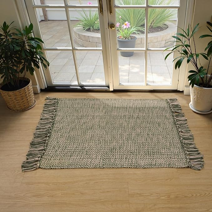 Collive 2' x 3' Small Entryway Rug, Washable Hand-Woven Kitchen Rug with Tassels, Natural/Green Farmhouse Low Profile Throw Carpet Reversible Front Door Mats for Bedroom Bathroom Home Décor