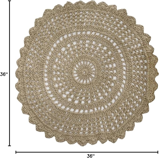 THE BEER VALLEY Jute Hand Crochet Rug 3 Feet Round - Natural | Non-Slip Farmhouse Small Circle Rug for Bedroom, Kitchen, Nursery - Accent Decorative Scalloped Floor Mat