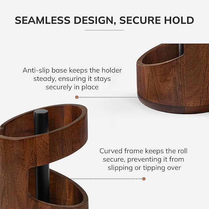 Anji Mountain Wooden Paper Towel Holder Countertop with Mango Wood Round Base and Iron Holder, Holder Stand for Kitchen Roll Organizer & Kitchen Dining Table Home Decor - Walnut/Black, Arc Hold