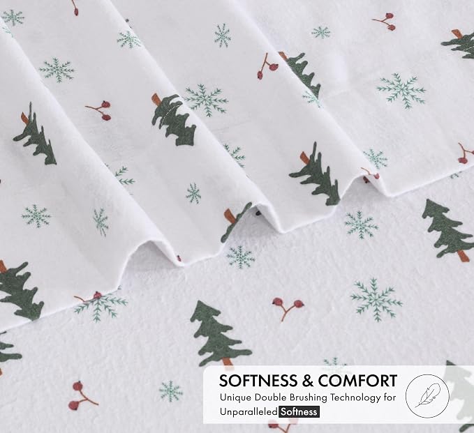 RUVANTI Flannel Sheets Full Size - 100% Cotton Double Brushed Bed Sheets Set, Deep Pockets 16 Inches, All Seasons Breathable & Extra Soft Full Sheets, Warm & Cozy, 4 Piece, Berry & Pine