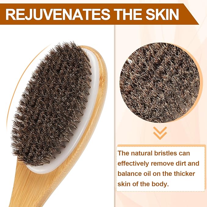 eaxun Bamboo Shower Brush with Curved Long Handle, 16.7 Inches Exfoliating Back Scrubber with Natural Bristles for Men & Women, Back Exfoliator Body Washer for Bath or Dry Brushing