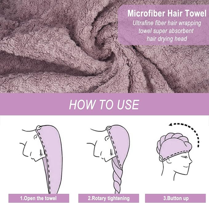 3 Pack Microfiber Hair Towel Wrap for Women, Fast Drying Hair Turban with Button, Anti-Frizz Large Hair Towel for All Hair Styles, Soft & Absorbent Hair Drying Towel (Purple, Bule, Brown)